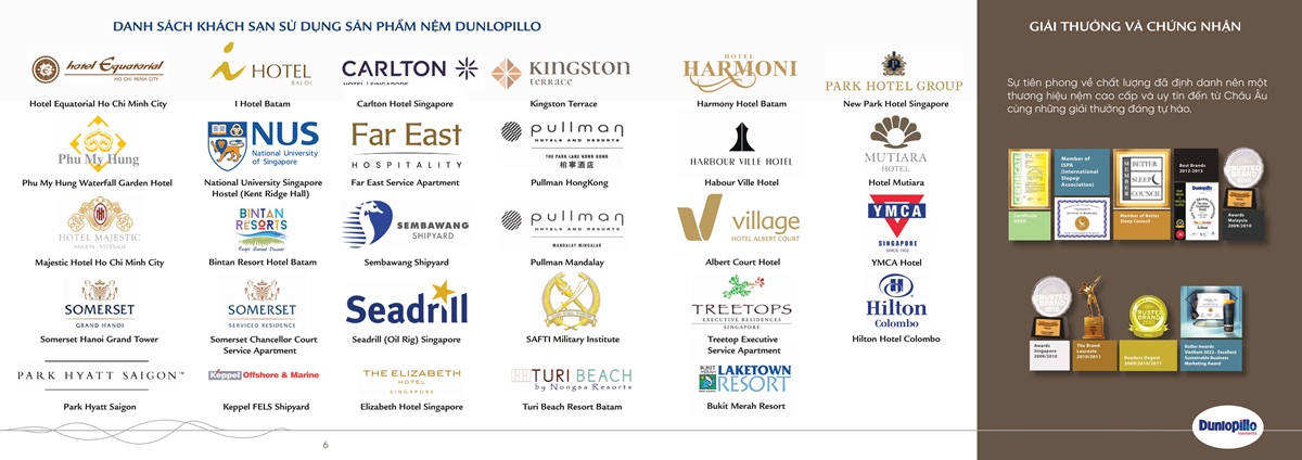 Các khách sạn đang sử dụng Nệm Dunlopillo: Hilton, Pullman, Somerset, ...