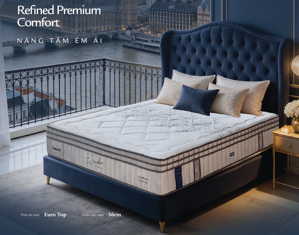 Phòng ngủ sang trọng sử dụng Nệm lò xo Dunlopillo CoolSilk Royale Windsor